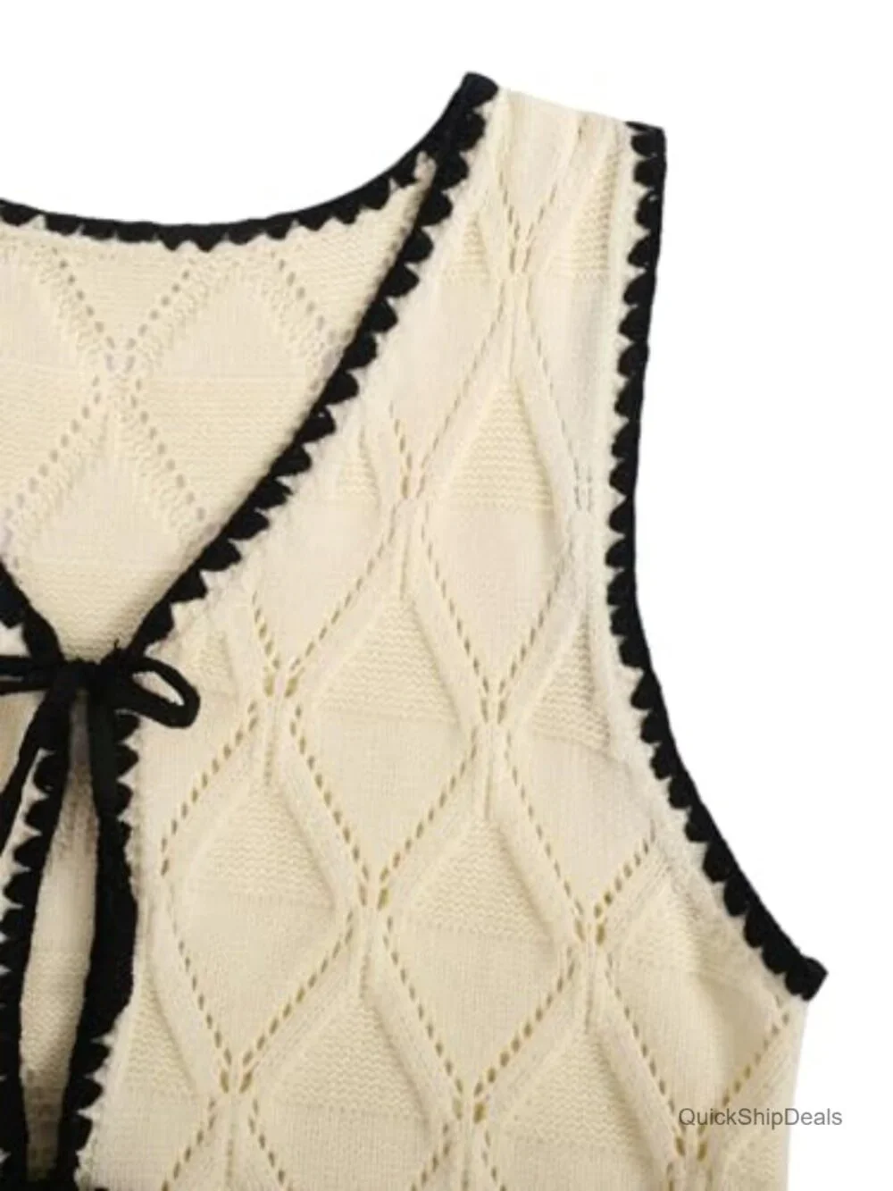 Crochet Knit Sweater Vest Bow Tie V-Neck Sleeveless Contrast Binding Top